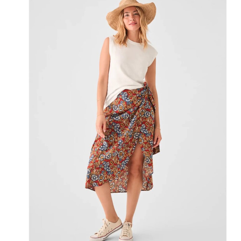 FAHERTY Pacifica Linen Wrap Skirt - Red Desert Bloom Small